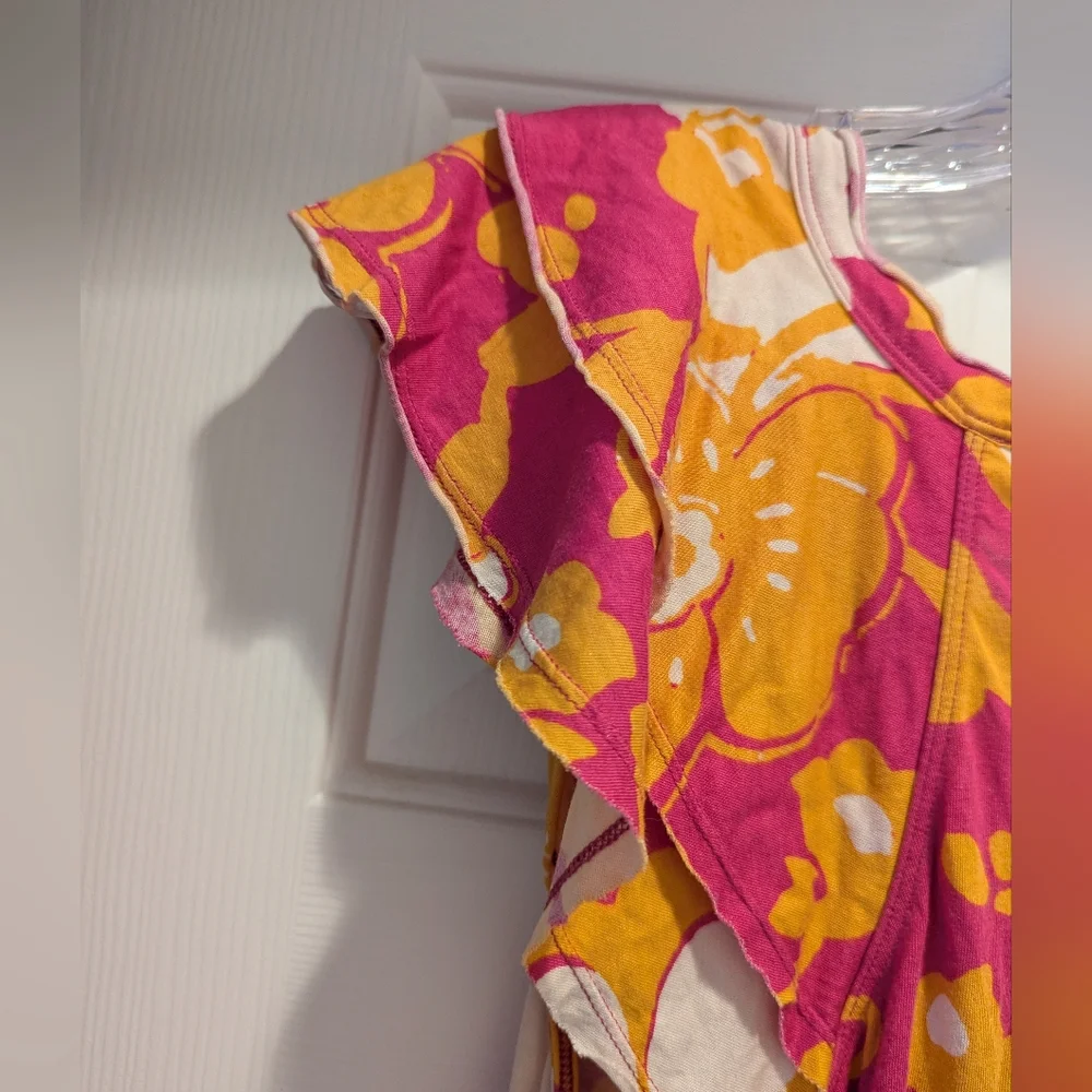 Maeve Anthropologie Pink Yellow Floral Printed Ruffle Short Sleeve Top Size XS - Picture 5 of 8
